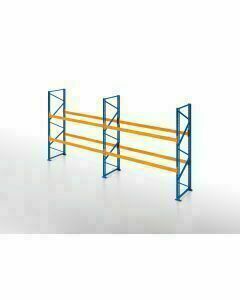 Palettenregal, Komplettregal, 3 Lagerebenen, H3000xB3950xT1100 mm, Fachlast 3000 kg, 12 Palettenplätze, Rahmen blau, Traverse orange