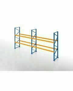 Palettenregal, Komplettregal, 3 Lagerebenen, H5000xB3950xT1100 mm, Fachlast 3800 kg, 12 Palettenplätze, Rahmen blau, Traverse orange