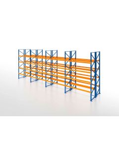 Palettenregal, Doppelregal, 5 Lagerebenen, H5000xB11300xT2x1100 mm, Fachlast 3800 kg, 120 Palettenplätze, Rahmen blau, Traverse orange