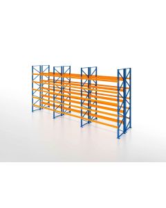 Palettenregal, Doppelregal, 6 Lagerebenen, H6500xB8500xT2x1100 mm, Fachlast 3800 kg, 108 Palettenplätze, Rahmen blau, Traverse orange