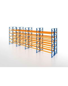 Palettenregal, Doppelregal, 6 Lagerebenen, H5000xB11300xT2x1100 mm, Fachlast 3800 kg, 144 Palettenplätze, Rahmen blau, Traverse orange