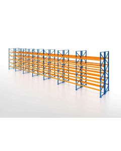 Palettenregal, Doppelregal, 6 Lagerebenen, H5000xB19700xT2x1100 mm, Fachlast 3800 kg, 252 Palettenplätze, Rahmen blau, Traverse orange