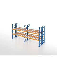 Palettenregal, Doppelregal mit Drahtgitterboden, 3 Lagerebenen, H4000xB4825xT2x1100 mm, Fachlast 3800 kg, 30 Palettenplätze, Rahmen blau, Traverse orange