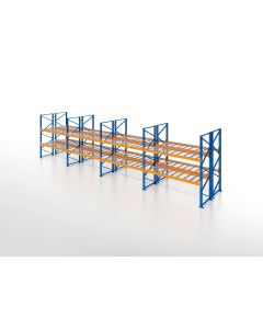 Palettenregal, Doppelregal mit Drahtgitterboden, 3 Lagerebenen, H5000xB11300xT2x1100 mm, Fachlast 3800 kg, 72 Palettenplätze, Rahmen blau, Traverse orange