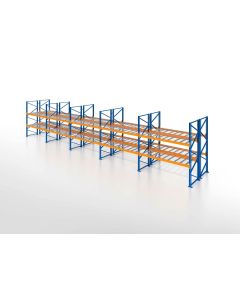 Palettenregal, Doppelregal mit Drahtgitterboden, 3 Lagerebenen, H2500xB12350xT2x1100 mm, Fachlast 3800 kg, 78 Palettenplätze, Rahmen blau, Traverse orange