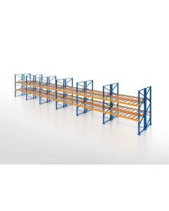 Palettenregal, Doppelregal mit Drahtgitterboden, 3 Lagerebenen, H3000xB16900xT2x1100 mm, Fachlast 3000 kg, 108 Palettenplätze, Rahmen blau, Traverse orange