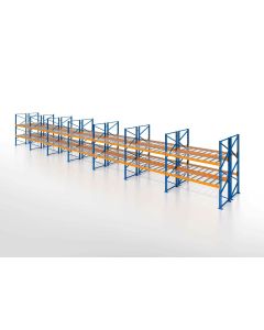 Palettenregal, Doppelregal mit Drahtgitterboden, 3 Lagerebenen, H5000xB19700xT2x1100 mm, Fachlast 3000 kg, 126 Palettenplätze, Rahmen blau, Traverse orange