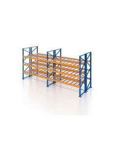 Palettenregal, Doppelregal mit Drahtgitterboden, 4 Lagerebenen, H6000xB7500xT2x1100 mm, Fachlast 4700 kg, 64 Palettenplätze, Rahmen blau, Traverse orange