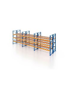 Palettenregal, Doppelregal mit Drahtgitterboden, 4 Lagerebenen, H5000xB8500xT2x1100 mm, Fachlast 3800 kg, 72 Palettenplätze, Rahmen blau, Traverse orange