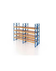 Palettenregal, Doppelregal mit Drahtgitterboden, 5 Lagerebenen, H3000xB4825xT2x1100 mm, Fachlast 3800 kg, 50 Palettenplätze, Rahmen blau, Traverse orange