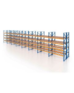 Palettenregal, Doppelregal mit Drahtgitterboden, 5 Lagerebenen, H5000xB22500xT2x1100 mm, Fachlast 3800 kg, 240 Palettenplätze, Rahmen blau, Traverse orange