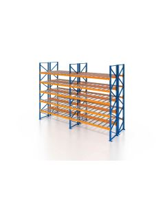 Palettenregal, Doppelregal mit Drahtgitterboden, 6 Lagerebenen, H7500xB3950xT2x1100 mm, Fachlast 3000 kg, 48 Palettenplätze, Rahmen blau, Traverse orange