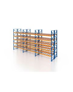 Palettenregal, Doppelregal mit Drahtgitterboden, 6 Lagerebenen, H3500xB8500xT2x1100 mm, Fachlast 3800 kg, 108 Palettenplätze, Rahmen blau, Traverse orange