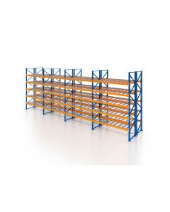 Palettenregal, Doppelregal mit Drahtgitterboden, 6 Lagerebenen, H5000xB11300xT2x1100 mm, Fachlast 3800 kg, 144 Palettenplätze, Rahmen blau, Traverse orange