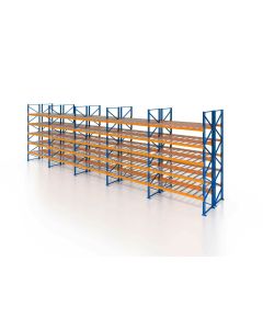 Palettenregal, Doppelregal mit Drahtgitterboden, 6 Lagerebenen, H5000xB13225xT2x1100 mm, Fachlast 3000 kg, 168 Palettenplätze, Rahmen blau, Traverse orange