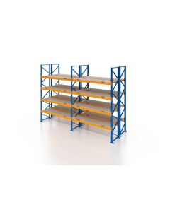 Palettenregal, Doppelregal mit Spanplatten, 5 Lagerebenen, H3000xB4825xT2x1100 mm, Fachlast 3800 kg, 50 Palettenplätze, Rahmen blau, Traverse orange