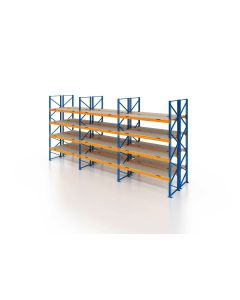 Palettenregal, Doppelregal mit Spanplatten, 5 Lagerebenen, H5000xB8500xT2x1100 mm, Fachlast 3800 kg, 90 Palettenplätze, Rahmen blau, Traverse orange