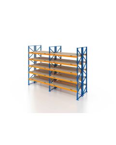 Palettenregal, Doppelregal mit Spanplatten, 6 Lagerebenen, H7500xB4825xT2x1100 mm, Fachlast 3800 kg, 60 Palettenplätze, Rahmen blau, Traverse orange