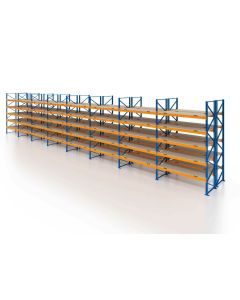 Palettenregal, Doppelregal mit Spanplatten, 6 Lagerebenen, H5000xB22500xT2x1100 mm, Fachlast 3800 kg, 288 Palettenplätze, Rahmen blau, Traverse orange