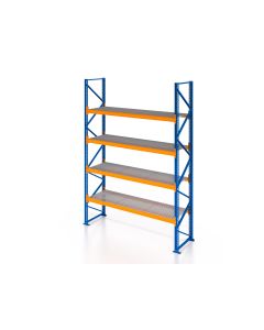 Palettenregal, Einfachregal mit Gitterrostboden 500 kg/m² Traglast, 5 Lagerebenen, H7000xB1825xT1100 mm, Fachlast 3000 kg, 10 Palettenplätze, Rahmen blau, Traverse orange