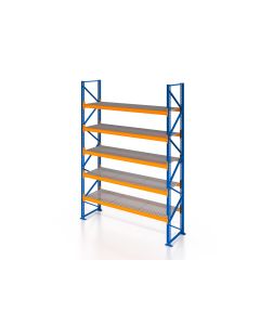 Palettenregal, Einfachregal mit Gitterrostboden 500 kg/m² Traglast, 6 Lagerebenen, H7000xB1825xT1100 mm, Fachlast 3000 kg, 12 Palettenplätze, Rahmen blau, Traverse orange