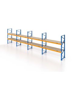 Palettenregal, Einfachregal mit Spanplatten, 3 Lagerebenen, H3000xB11300xT1100 mm, Fachlast 3850 kg, 48 Palettenplätze, Rahmen blau, Traverse orange